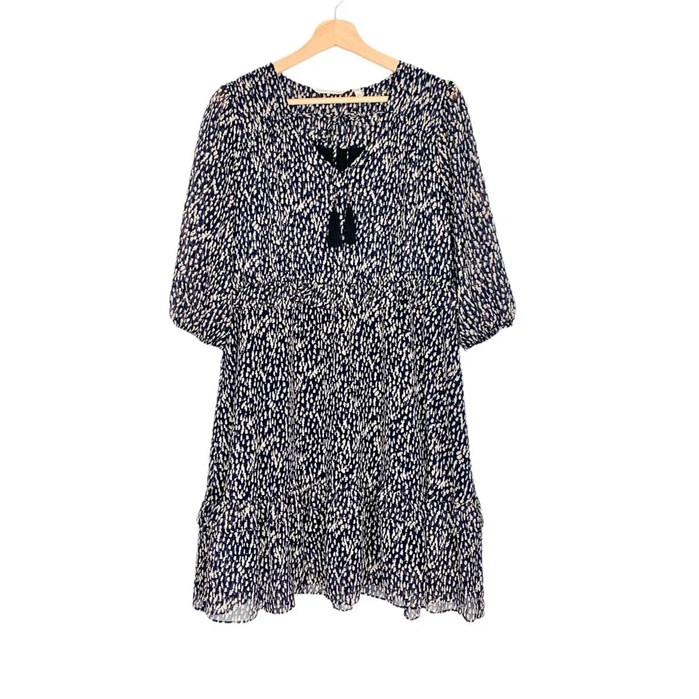 Soft Surroundings Hazel Dress Dotted Print V-neck Front Tassel Sz. Medium Petite